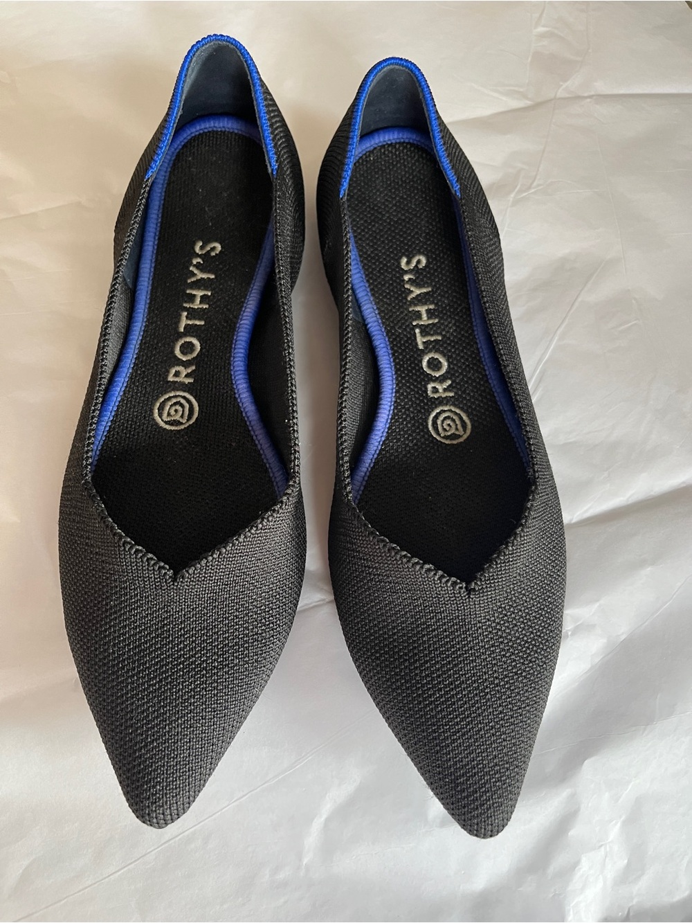 Rothy's Women's The Point Ballet Flat — Black with Blue Trim, 7.5